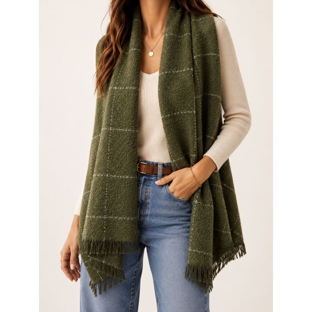 Express Olive Green Bouclé Windowpane Fringe Wrap Scarf Shawl One Size